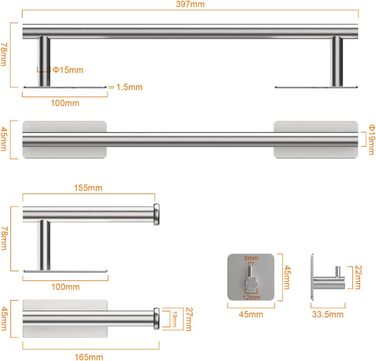 Тримач туалетного паперу Ibergrif без свердління, набір 5-в-1, 3 гачки для рушників, стійка для рушників, нержавіюча сталь, сріблястий, індустріальний стиль
