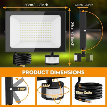 papasbox 2 Pack LED Floodlights with Motion Sensor and Light Sensor | Outdoor Floodlights/Spotlights with Remote Control | 6500K Cool White IP66 Waterproof Floodlights for Garden, Garage, Sports Field (150W, 2 Pack)