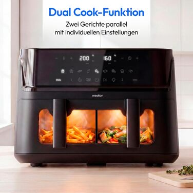 Аерофритюрниця з двома камерами MEDION P25 XXL Flex M, 10.8 л, без PFAS, чорна
