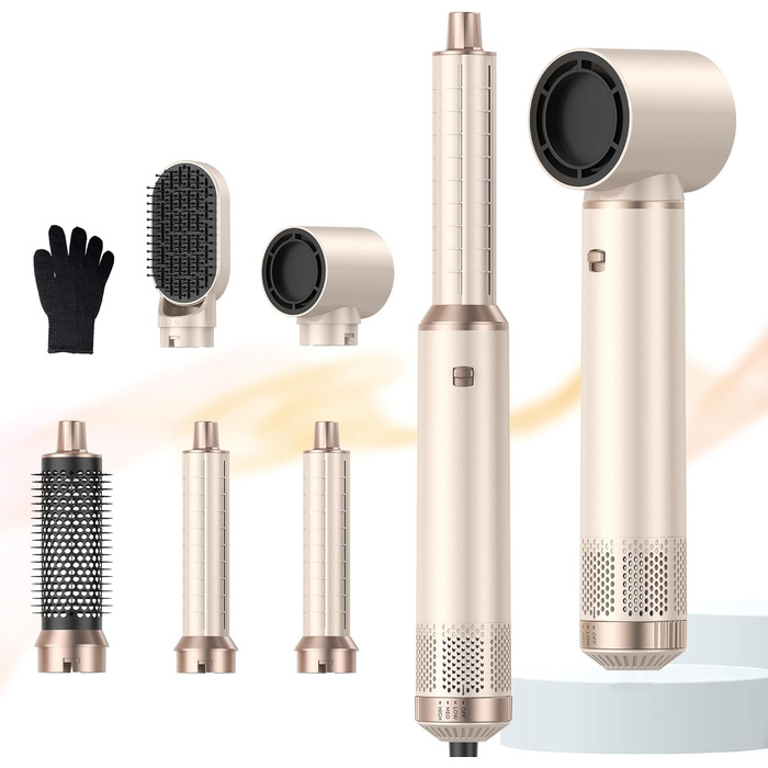 Набір для укладки волосся 5 в 1: фен, плойка, брашинг, термощітка, для створення об'єму, локонів та випрямлення. Золотий колір