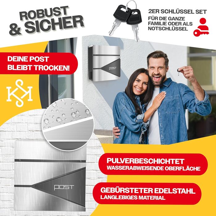 Поштовий ящик KESSER з газетницею, нержавіюча сталь, сріблясто-антрацитовий, з 2 ключами, настінний, з м'яким закриттям кришки, з кріпленням