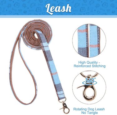 Набір аксесуарів для собак ExPawlorer: ошийник та поводок з бантиком у клітинку, регульований, з дзвіночком, 3 шт. (Himmelblau, X-Small)