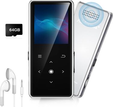 MP3-плеєр AiMoonsa 64GB з Bluetooth 5.2, FM-радіо, Hi-Fi звук, E-Book, вбудований HD-динамік, запис голосу, сріблястий