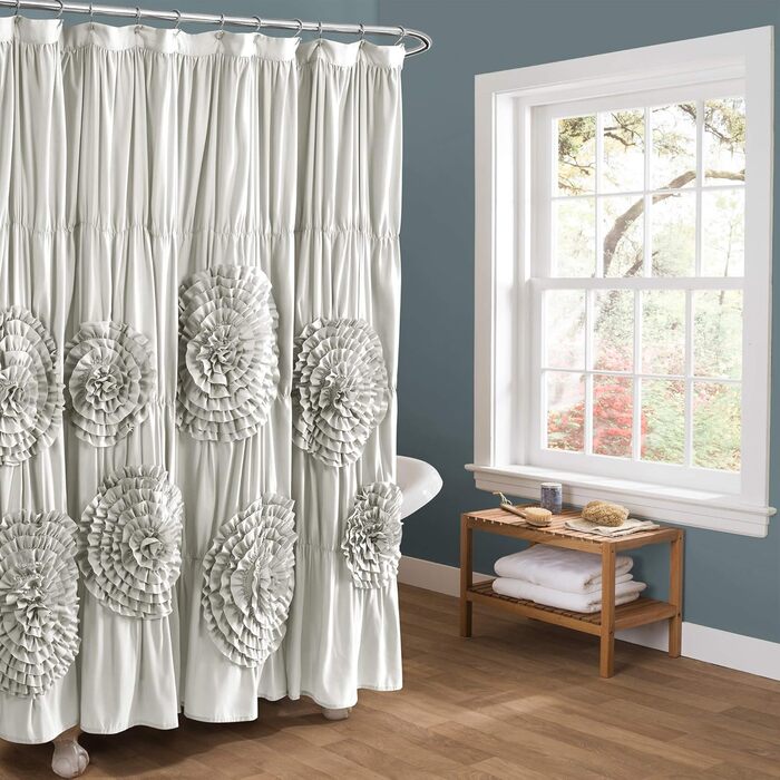 Шторка для душу Lush Decor Serena з рюшами, 183 x 183 см, світло-сіра – красивий квітковий дизайн з рюшами, розкішна шторка для душу, вінтажний гламур, стиль кантрі