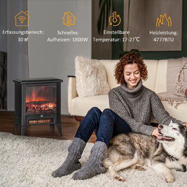 Електрокамін HOMCOM з підігрівом, LED-ефект полум'я, потужність 1800 Вт, підлоговий камін з тихим режимом роботи та захистом від перегріву для вітальні, спальні, чорного кольору | Aosom