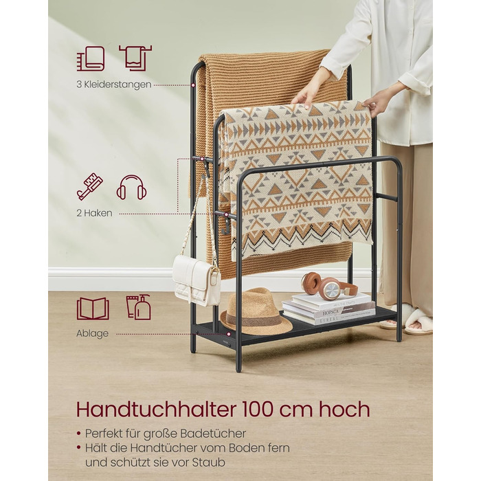 Підставка для рушників VASAGLE, стояча, 3-х рівнева, 70 x 30 x 100 см, з 2 гачками та полицею, чорний + чорне дерево, LLS019B01
