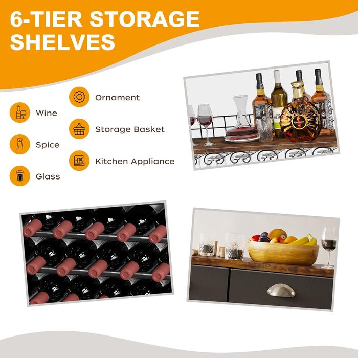 Homeiju Wine Rack, Freestanding Floor, Bar Cabinets for Liqueurs and Glasses, 4-Tier Bar Cabinet with Tabletop, Glass Holder, Storage Drawer and Wine Storage for Living Room, Kitchen, (Retro Black Brown)