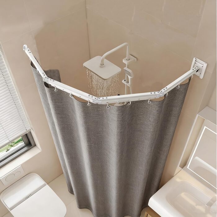 Шторка для душу з розсувною штангою без свердління, 4 секції, обертається, алюмінієвий сплав, водонепроникний антибактеріальний душ-завіса 180x200 см, для ванної кімнати та ванни (білий/сірий)