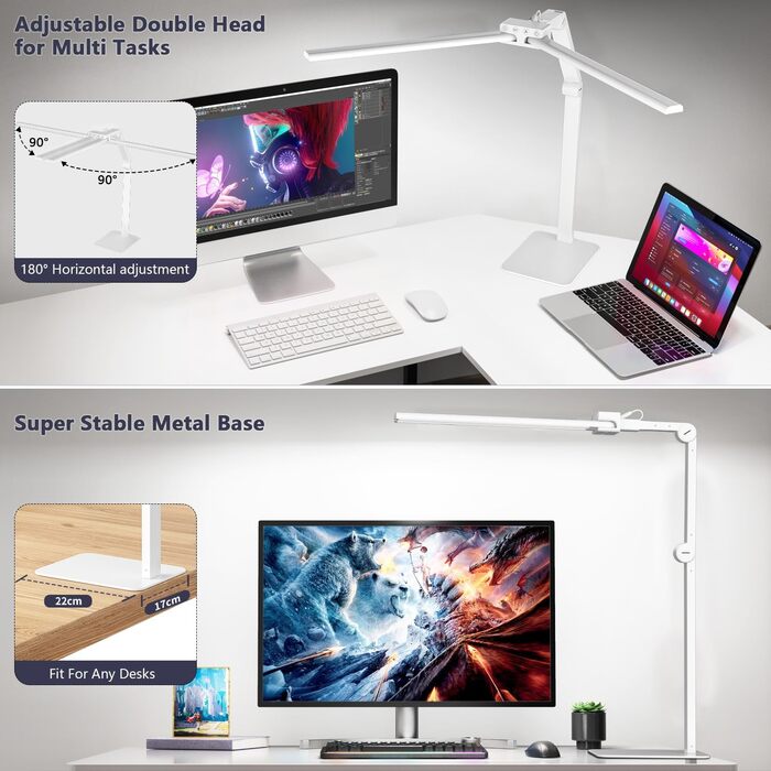 LED настільна лампа KableRika з двома головками: 24W, регулювання яскравості, захист очей, для офісу та дому, сучасне освітлення монітора, білий колір