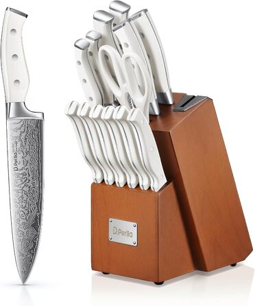 D.Perlla 14-Piece Self-Sharpening Knife Block Set - Professional Stainless Steel Kitchen Knife Set with Plastic Handle & Wooden Block (Brown)