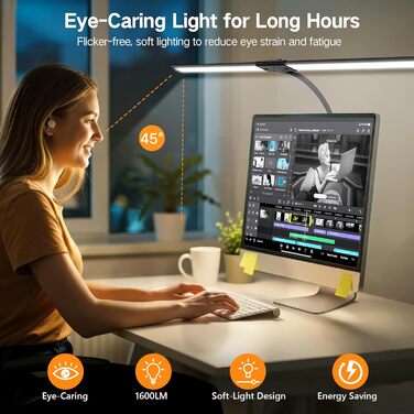 OUTON LED лампа настільна з двома головками, 85.5 см, USB-A & C, регульована яскравість 1600LM, 5 температур кольору, таймер, кріплення, для офісу та дому, чорний