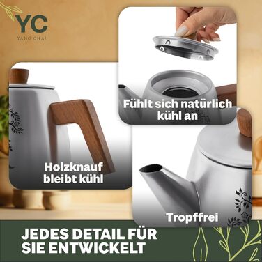 Термос-чайник YC Yang Chai з ситом із нержавіючої сталі 304, двостінний, 1.1 л, з дубовими ручками, сріблястий