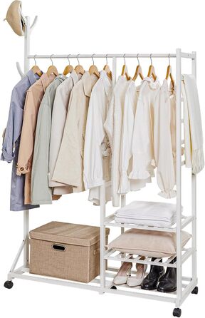 Yorbay Bamboo Clothes Rack with Wheels, Clothes Rail, 3 Shelves and 6 Hooks, Tree Shape, 100 x 38 x 176 cm (White)