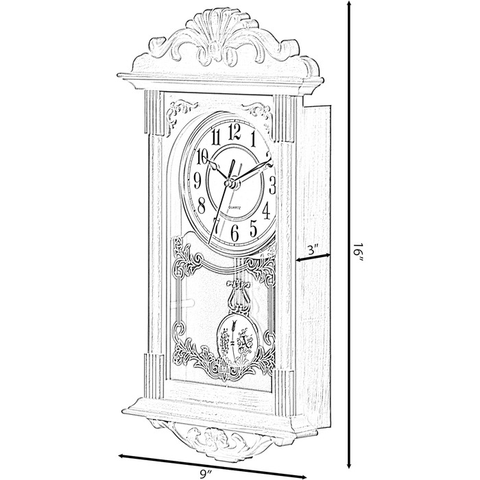 Clockwise Vintage Grandfather Wood-Look Plastic Pendulum Decorative Battery-Operated Wall Clock Brown for Office, Home Decor, Living Room, Kitchen or Dining Room, Brown