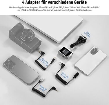 NEEWER Міні бездротове мікрофону, комплект 1RX+2TX+зарядний кейс, 150м радіус дії, для iPhone, iPad, Android, DJI, Insta360, PC, Mac