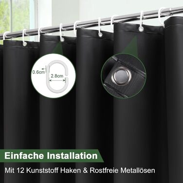 Прозорий душовий завіс AooHome 180x200 см з магнітами, антигрибковий, водонепроникний, з 12 кільцями, шестикутний малюнок, для ванни/душової кабіни (Чорний)