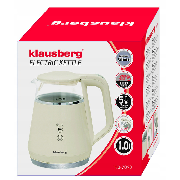 Електричний скляний чайник Klausberg KB-7893 з LED-дисплеєм та вибором температури, 1 л