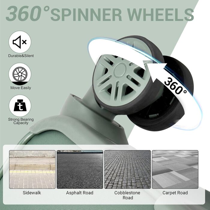 Чемодан Miss Lulu Handgepäck, 59.5 x 36.5 x 25 см, зелений, 32 л, з відділенням для мокрого одягу, на 4 колесах, для подорожей та бізнесу