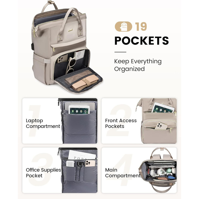 LOVEVOOK Рюкзак для жінок, шкільний рюкзак, рюкзак для ноутбука, водонепроникний, з USB-портом, для навчання, роботи, подорожей, темно-сірий, 17' (15.6', сірий Taro)