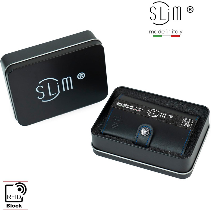 SLim жіноче та чоловіче портмоне - картхолдер з відділенням для монет та RFID захистом, Made in Italy (Чорний та Синій)