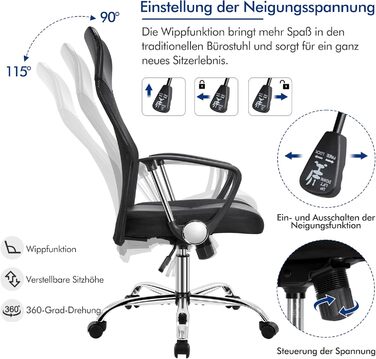 Офісне крісло Yaheetech з високою спинкою, ергономічне, регульоване по висоті, з м'яким сидінням, до 135 кг, сітка, чорний