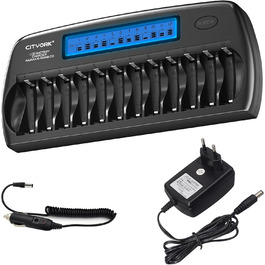 Зарядний пристрій CITYORK для акумуляторів AA/AAA з LCD-дисплеєм, 12 слотів, NI-MH/NI-CD, з розрядом та захистом IC