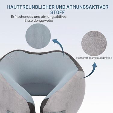 Подушка для подорожей Euqvunn з ефектом пам'яті (Memory Foam), ергономічна подушка для шиї в літак з охолоджуючим льодяним шовком та сумкою для зберігання, сіра