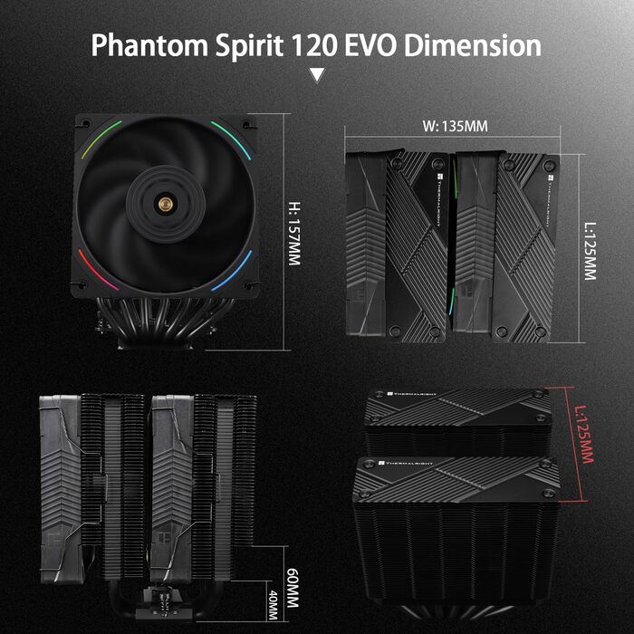 Охолоджувач CPU Thermalright Phantom Spirit 120 EVO: повітряне охолодження з 7 теплових трубок, Dual-PWM вентилятор, підтримка AMD AM4/AM5 та Intel 1700/1150/1151/1200/17XX/2011