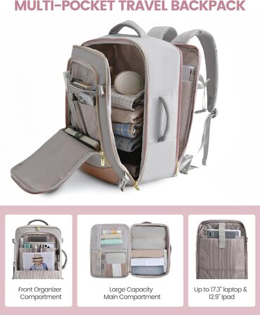 LOVEVOOK Рюкзак для ручної поклажі 40L, жіночий водонепроникний рюкзак для подорожей з відділенням для взуття, рюкзак для ноутбука (17.3 дюйми) сірий+рожевий+бежевий