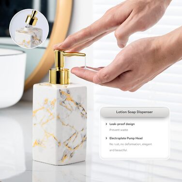 Набір аксесуарів для ванної кімнати (4 шт) – набір білого кольору з дозатором для лосьйону, тримачем для зубних щіток, склянкою та мильницею – блискуча поверхня (мармур, білий)