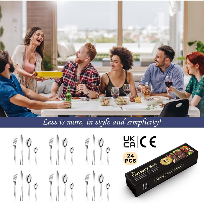 Набір столових приборів Ben & Bel на 24 штуки (6 осіб) з нержавіючої сталі: ніж, виделка, ложка. Подарункова коробка, легко миється, підходить для миття в посудомийній машині.