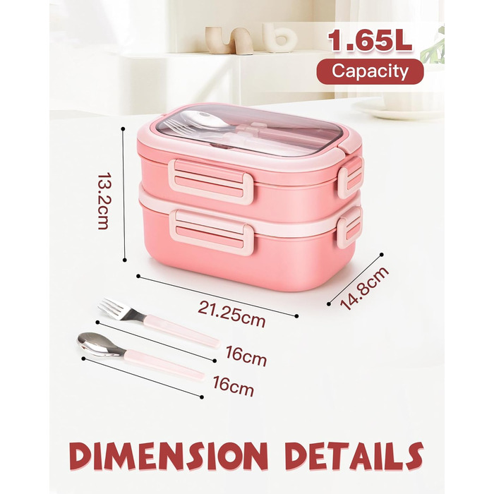 Ланчбокс Lille Home з 2 ярусами, 4 відділення, 1650 мл, з посудом, BPA-free, не протікає (Зелений) (Рожевий)
