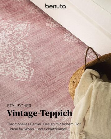benuta pop Laury Rug - Synthetic Fiber - Rectangular & in Vintage Style - Easy Care for Living Room Bedroom, Pink, 200x300 cm 200 x 300 cm (Rectangular) Pink