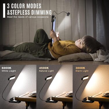 Ліхтар для читання LQWELL на шию, LED лампа для книги, 3 кольори/яскравість, гнучкий, акумуляторний, для читання, рукоділля (чорний, прямокутна - 3 шт)