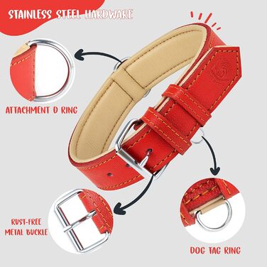 Нашийник для собак Riparo з натуральної шкіри, регульований, посилений, червоний (L, ширина 3,8 см, обхват 43,2-53,3 см)
