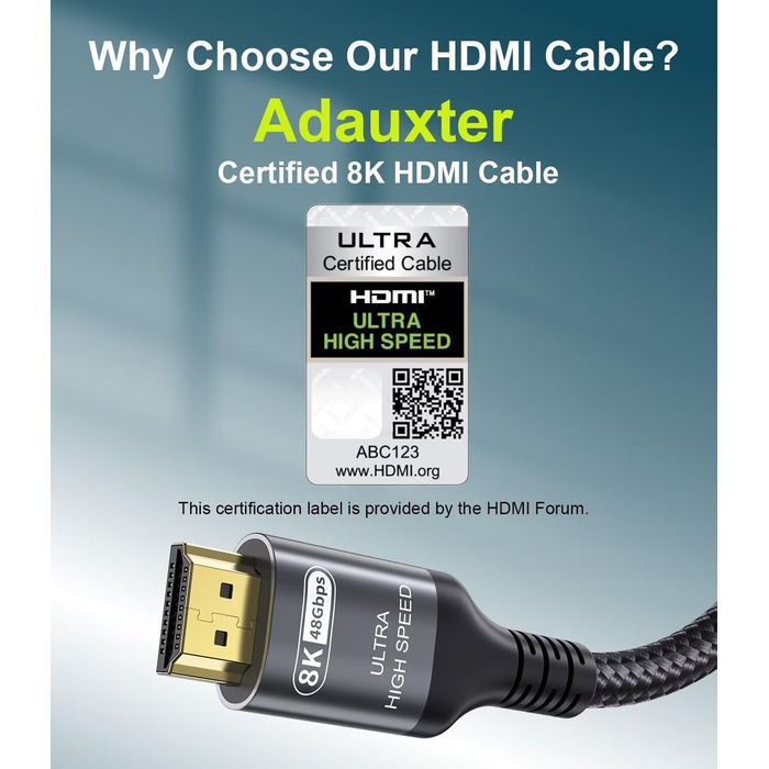 HDMI 2.1 кабель Adauxter 2 метри: 8K, 48Gbps, eARC, HDCP2.3, HDR10+, для PS5, X-Box, PC, TV, монітор