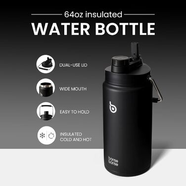BOTTLE BOTTLE Insulated Stainless Steel Water Bottle 64oz (1.8L) with Straw, Lid, Handle & Pill Compartment – BPA-free, Leak-proof, Ideal Drinking Bottle for Sports, Fitness, Hiking & Outings (Black)