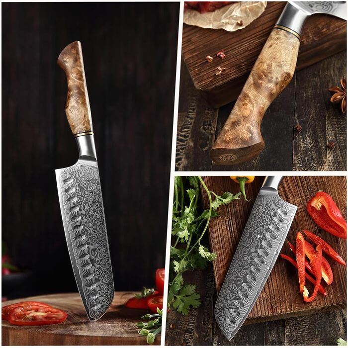 HEZHEN Кухонний ніж Gyuto 21см з дамаської сталі VG10, преміум якість, з ручкою з берези, для дому та ресторану