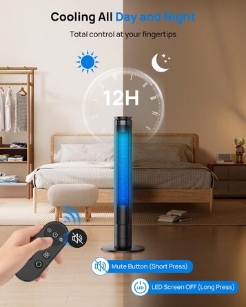 Вентилятор Tower Leise з Пультом, 91 см: 5 Режимів, 6 Швидкостей, Таймер 12 год, ECO-режим, Обертання 70°, для Вітальні та Спальні
