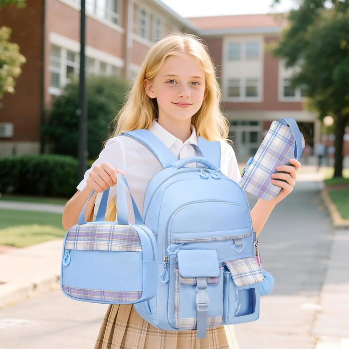 KEBEIXUAN Шкільний рюкзак для дівчаток | Милий рюкзак для початкової школи (1-5 класи) | Дихаючий, водовідштовхуючий рюкзак для дівчаток + ізольована сумка для обіду + пенал, блакитний