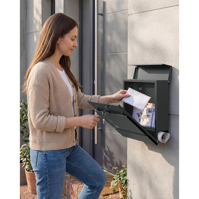 Поштовий ящик SONGMICS XXL з газетницею, антрацит, 37x37x10.5 см, з ключем, захист від реклами, сучасний, для дому та саду