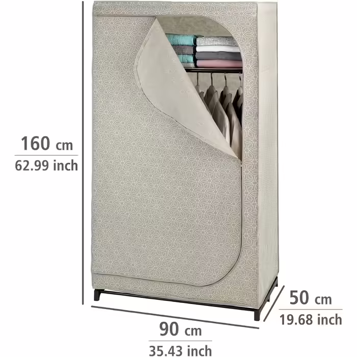 WENKO Wardrobe Model Balance with Shelf and Clothes Rail, Fabric Wardrobe for Dust-Free Storage of Textiles, Metal Frame, Breathable Non-Woven Material, 90x160x50 cm, Taupe
