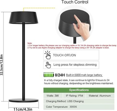 Акумуляторна LED настільна лампа Klighten з димером, сенсорна, металева (алюміній), IP54, тепле світло 3000K, антрацит