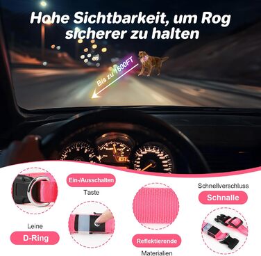 Світлодіодне нашийник для собак Feycig - USB, водонепроникний, 3 режими, регульований, для малих, середніх та великих собак (Рожевий, L(48-60см))