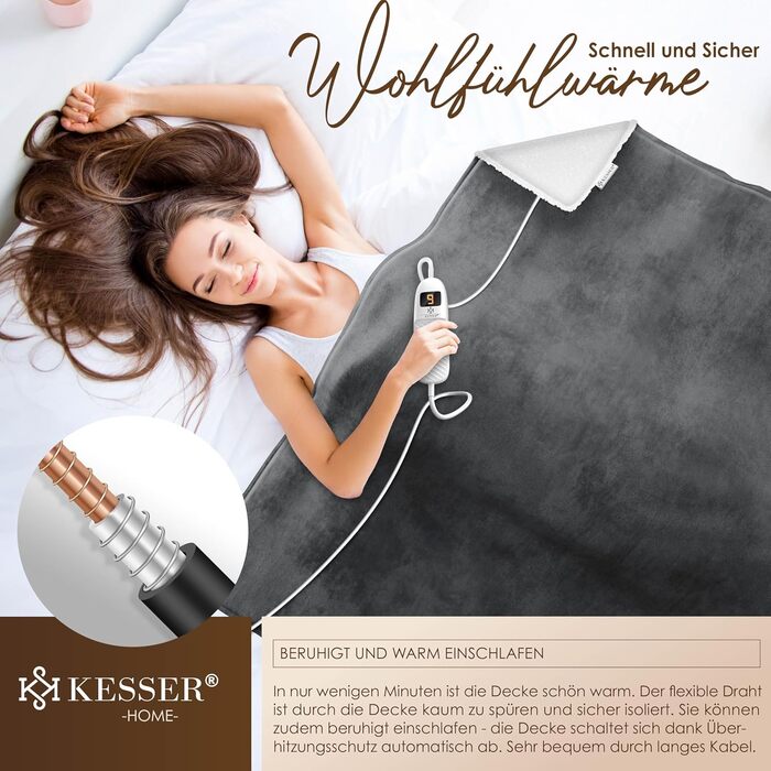 Електрична грілка KESSER® 200x180 см з автовимкненням | 9 температурних режимів | Зручна та тепла | Для ліжка та дивану | Можливість прання до 40°C | з таймером та цифровим дисплеєм | Антрацит