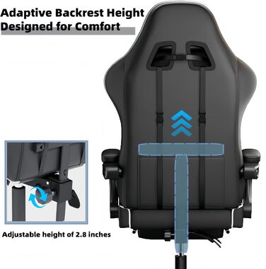 Ігрове крісло Ergonomic Gaming Chair з підніжкою, подушками під шию та поперек, 2D-підлокітниками, регулюванням висоти та поворотом на 360°, чорне