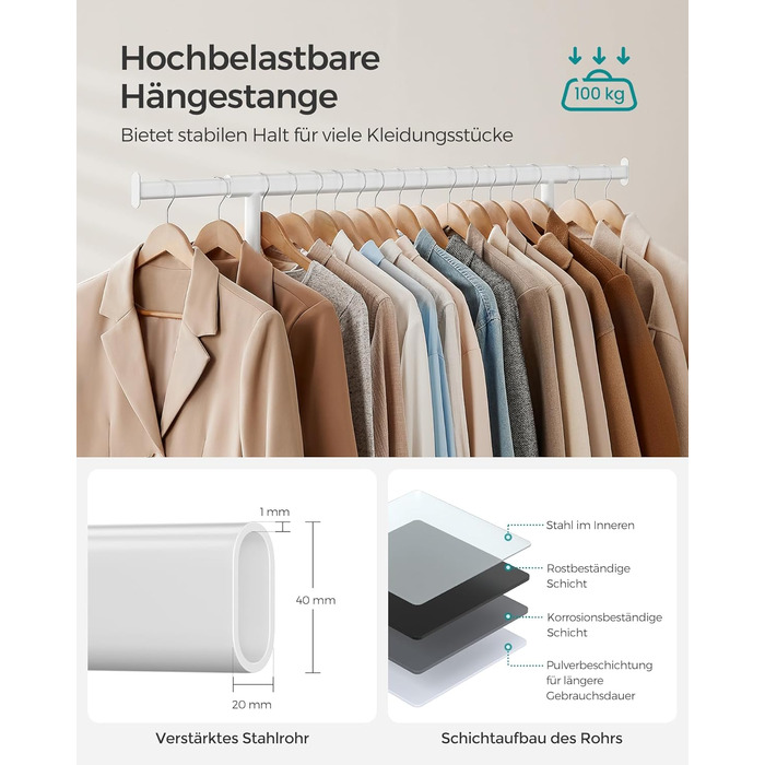 SONGMICS Вішалка для одягу на колесах, важкий, висувна штанга, до 100 кг, білий HSR013W01