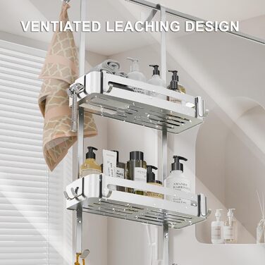 AIGOCITY Shower Shelf for Hanging Without Drilling for Glass Shower Doors, Silver, with 6 Hooks for Frameless Glass Door, Stainless Steel
