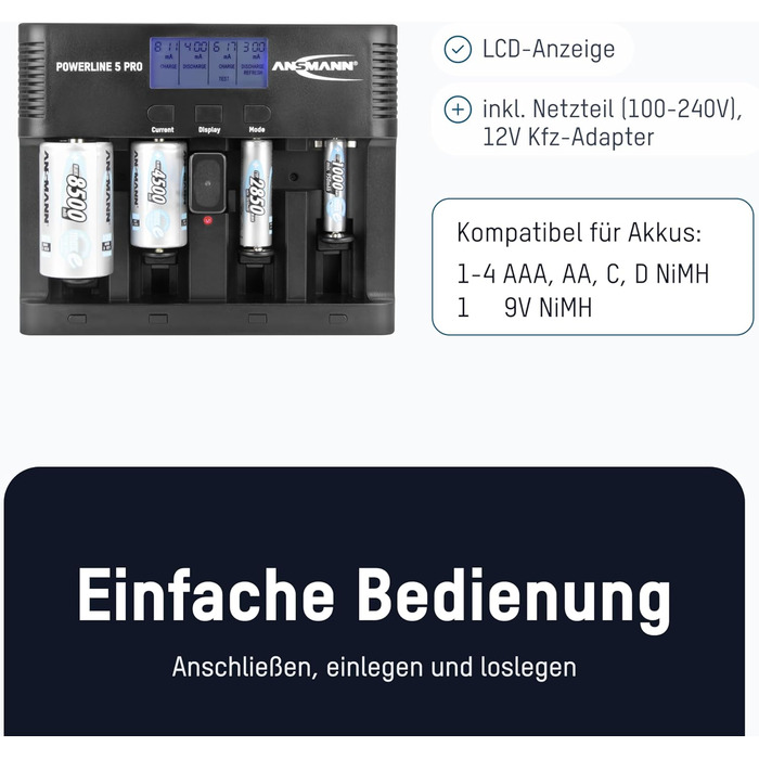 Зарядний пристрій ANSMANN Powerline 5 Pro для акумуляторів NiMH/NiCd з LCD-дисплеєм та мікропроцесорною технологією, багаторазовий захист