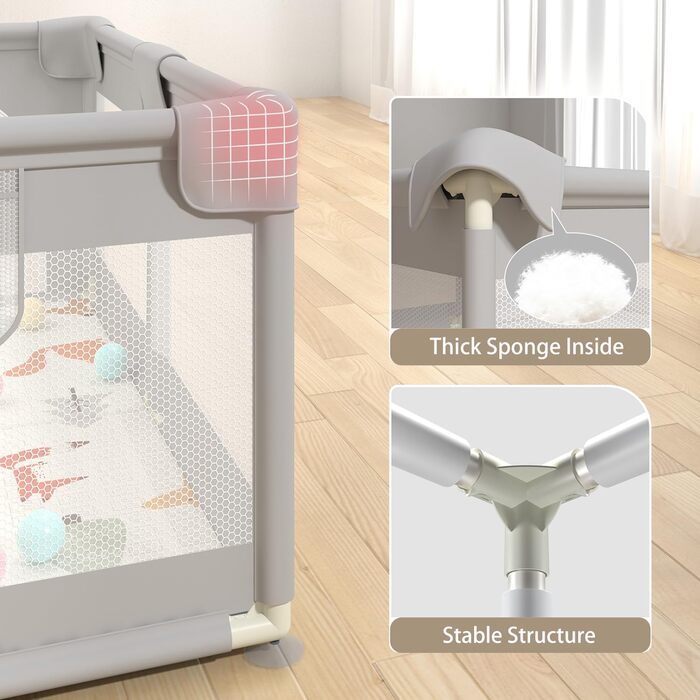 Playpen Baby, 200x160 CM Extra-large playpen for indoor and outdoor use, baby playpen with soft, breathable mesh, includes 50 balls, 6 pull rings